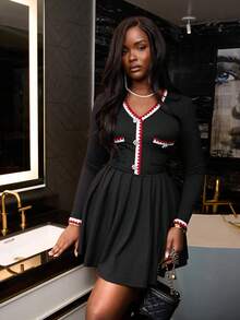 Slaydiva Elegant Autumn Women Black And White V-Neck Metal Button Long Sleeve A-Line Pleated Mini Dress,College Casual Work Party Club Night Out Outfits - Black - View 9