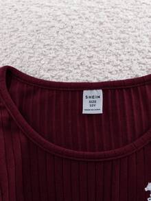 Tween Girls' Ribbed Crew Neck Elastic Fitted All-Match Versatile Long Sleeve T-Shirt, Comfortable - Burgundy - View 4