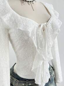 Elamini 优雅奢华女士蕾丝胸前系带衬衫 - 白色 - 查看 7