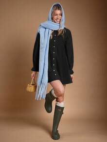 WESTFADE Đầm chữ A mini tay dài, cổ bèo nhún 100% cotton, cài nút, dễ thương, thường ngày, trang phục mùa thu, trang phục hòa nhạc đồng quê, mùa thu, mùa đông, phong cách Boho, trang phục phương Tây - màu đen - Xem 6