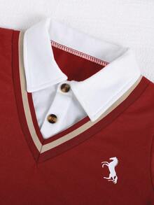 SHEIN Playful Pals 两件套男童套装，儿童针织舒适长袖Polo衫二合一卫衣，胸前时尚印花，搭配卡其色弹力腰宽松休闲裤，适合秋季度假、上学、日常穿着等场合。 - 紅色 - 查看 3