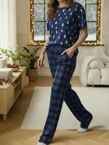 2 piezas Conjunto de pijama de mujer con estampado de renos navideños y cuadros rojos de manga larga, detalles acogedores y elegantes, ropa de otoño
SKU: si25081831362637186 - Azul - Ver 5