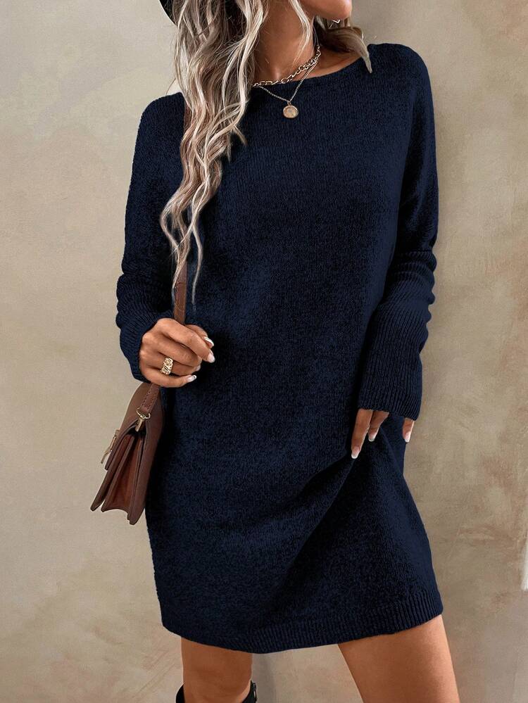 EMERY ROSE Women's Solid Color Boat Neck Long Sleeve Casual Vacation Knit Dress - Navy Blue - View 6