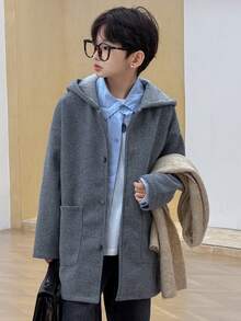 DAZY Tween Boy Solid Color Drop Shoulder Long Sleeve Single-Breasted Casual Loose Hooded Overcoat, Autumn/Winter - Grey - View 8
