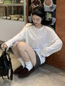 DAZY Women's Polka Dot Print Round Neck Casual Versatile Long Sleeve T-Shirt - White - View 2