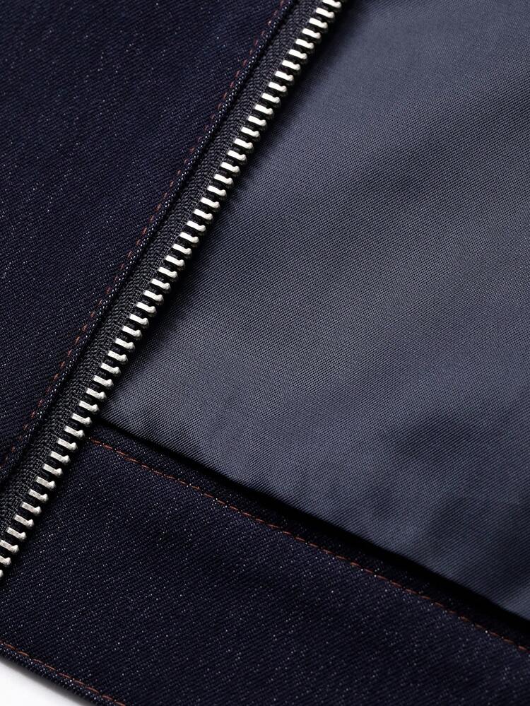 Navy Blue Patchwork Contrast Collar Pocket Woven Smooth Fabric Shirt & Pants Set For Men, Autumn