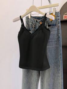 SHEIN Franclia 女士纯色蕾丝拼接优雅吊带衫 - 黑色 - 查看 7