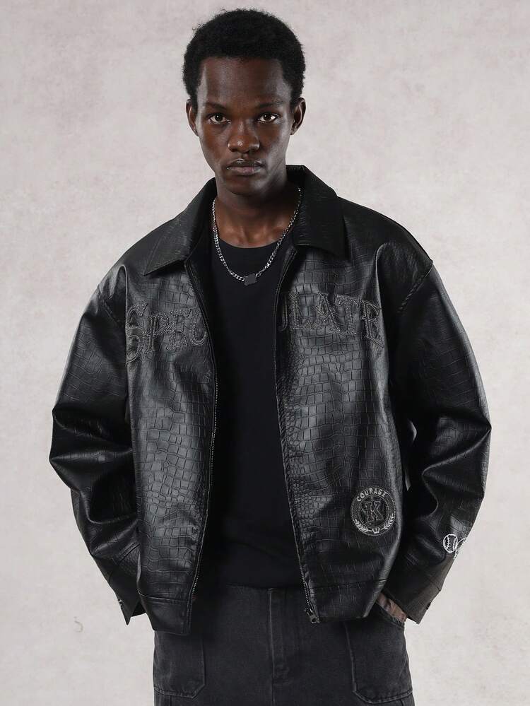 Men's Letter Embroidery Design Black Short PU Leather Jacket, Autumn
