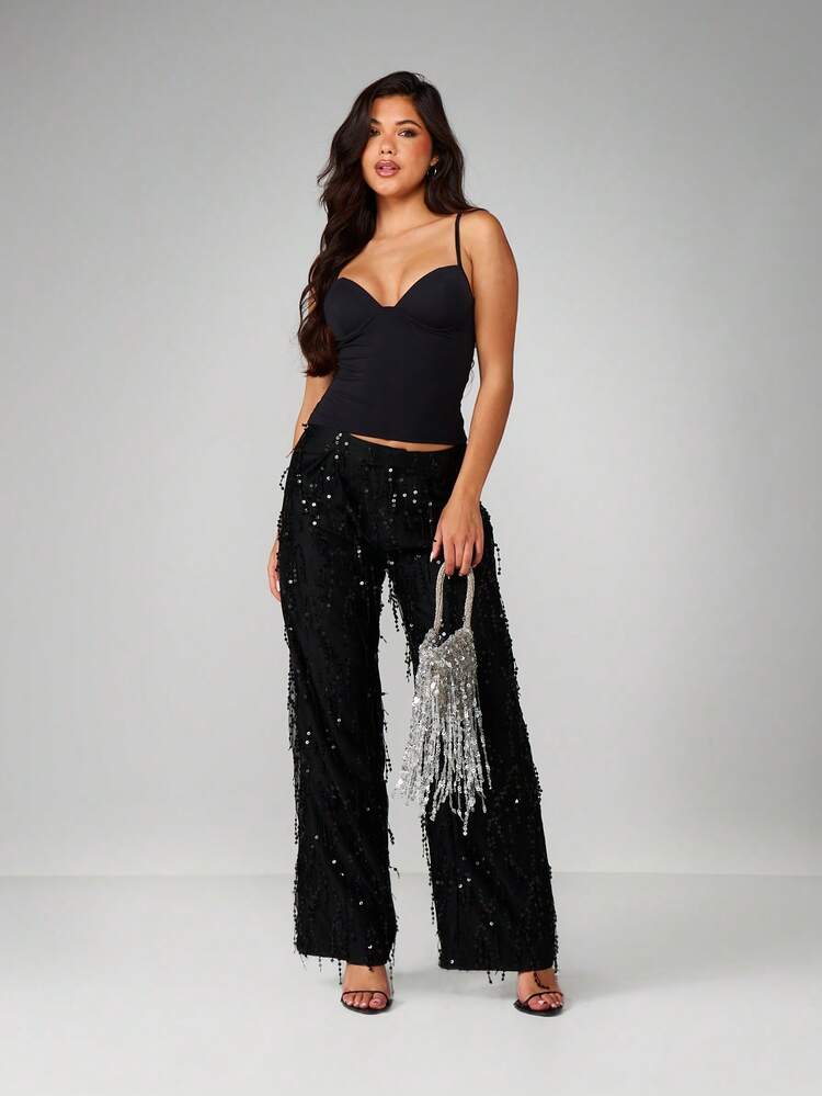 MISSGUIDED Sequined Wide Leg Palazzo Pants With Tassel Fringe Detail High Waisted Evening Party Trouser