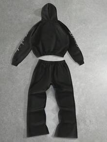 PAVTROS Conjunto de sudadera con capucha casual y versátil con patrón creativo para hombres - Negro - Ver 3