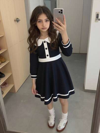Elladie kids 1件女童休闲领口刺绣拼色针织连衣裙