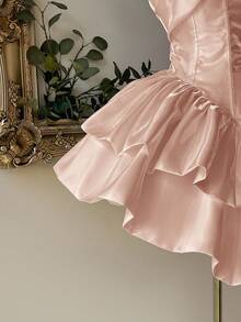 Lovelzi Váy xòe hai lớp bằng vải satin trắng bóng, sang trọng, thanh lịch, quý phái, không dây, thắt eo, thích hợp cho tiệc độc thân, đám cưới, tốt nghiệp, kỳ nghỉ, dạ tiệc - Rượu sâm banh - Xem 3