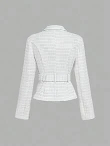 SHEIN MOD 女士白色金属扣双排扣腰带西装外套，秋冬，派对，万圣节，圣诞节，优雅，婚礼，女士正装，别致，女士秋季服装，女士西装外套，白色西装外套，女士粗花呢西装外套 - 白色 - 查看 2
