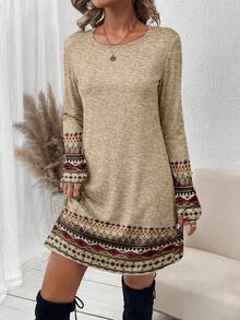 SHEIN LUNE 女士休闲复古几何印花迷你连衣裙