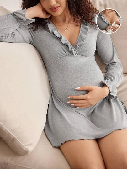 BloomMama Vestido de pijama de maternidad casual y holgado de manga larga, unicolor, para lactancia, para invierno