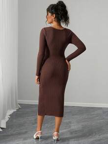 SHEIN Crew Neck Ruffle Trim Casual Long Sleeve Midi Dress, Ribbed Fabric, Autumn - Brown - View 2