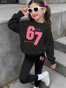 Sparklyn 2pcs/Set, Girls 67 Star & Rope Print Crew Neck Sweatshirt And Leggings Set, Long Sleeve Top, Suitable For Autumn/Winter - Black - View 1