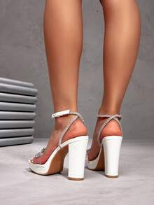 CUCCOO SZL Women's Fashion Rhinestone Ankle Strap Chunky Heel Sandals, Suitable For Dates, Gatherings, Parties, Weddings And Other Occasions - White - View 2