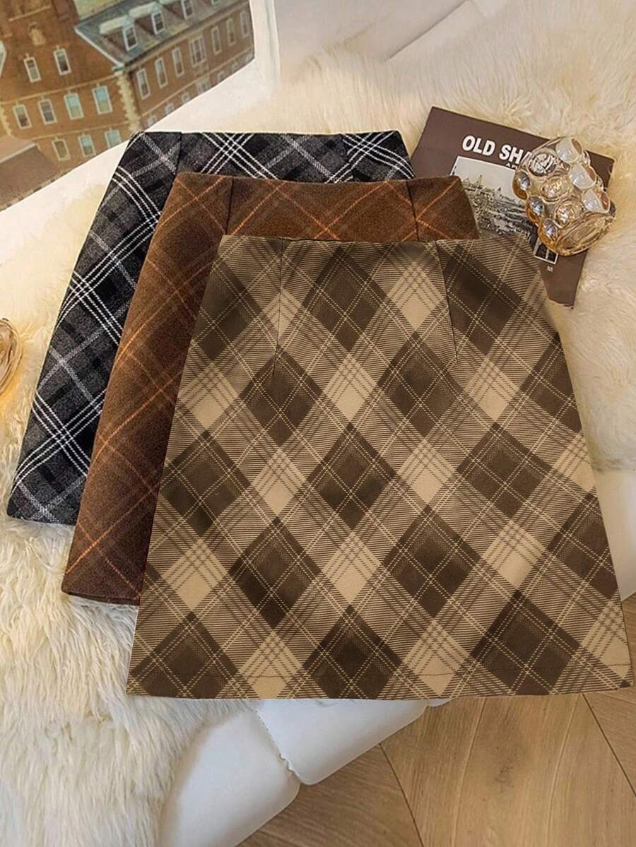 SHEIN Franclia Chân váy ngắn kẻ caro đỏ cổ điển dành cho nữ, Thu/Đông - màu nâu - Xem 1