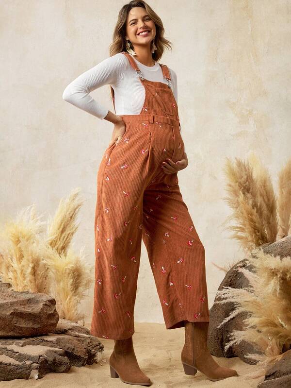 Boho Mama Pregnant Women's Autumn Mushroom Embroidery Pleated Wide Leg Casual Jumpsuit