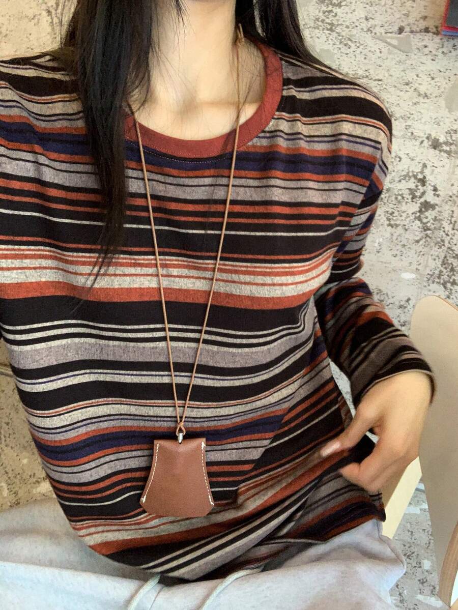 DAZY 女士休闲条纹圆领长袖T恤，秋季新品 - 橘色 - 查看 1