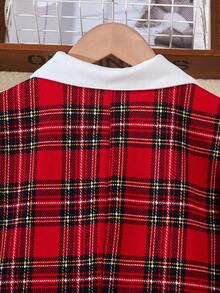 少女格子连衣裙，蝴蝶结装饰，长袖，收腰，时尚拼接领 - 彩色 - 查看 6