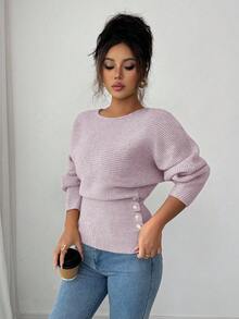 Elenzga Áo dệt kim tay dài dáng suông tay cánh dơi cao cấp cài cúc đơn giản, đa năng, thích hợp mặc hàng ngày và đi lễ hội, dành cho nữ, mùa Thu/Đông. - Màu tím hoa cà - Xem 5