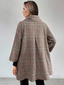SHEIN LUNE 女士灰色可辨识格纹面料高领翻领金属纽扣设计宽松下摆七分袖优雅高贵感恩节万圣节街头休闲波西米亚风秋冬新款时尚百搭宽松羊毛外套 - 咖啡棕 - 查看 2