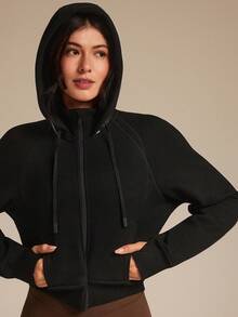 GLOWMODE 抓绒舒适柔软罗纹袖口下摆带拇指孔可拆卸帽子短款拉链卫衣，适合日常休闲穿着，秋冬季 - 黑色 - 查看 5