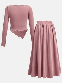 SHEIN Tween Girls 2pcs Set Asymmetric Hem Long Sleeve Top With A-Line Midi Skirt, Elegant Vintage Style For Outing And Party Graduation Dress, Casual Daily Wear - Dusty Pink - View 2