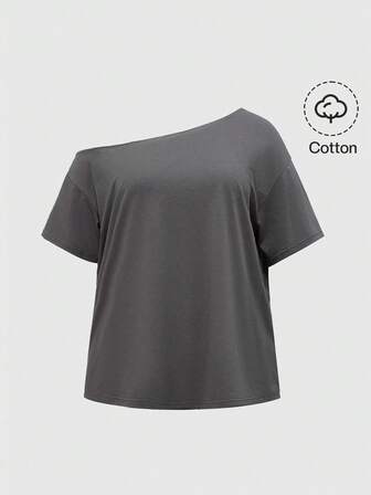 Grunge Punk Plus Size Women's Sexy Asymmetric Shoulder Gray Solid Basic Vintage Street Style Sleeveless T-Shirt, Lightweight For Summer