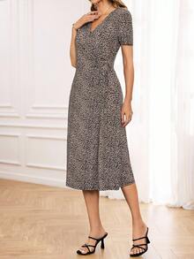 Miaspire Women's V-Neck Short Sleeve Leopard Print Casual Midi Dress - Multicolor - View 3