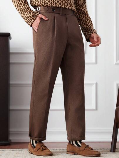 Core Aspect Men's Solid Color Vintage Pleated Zipper Pants With Belt Loops Mens High Waisted Pants Mens Pleated Suit Pants Brown Dress Pants,Men's Retro High-End Waist, Adjustable Waist, No Need For Ironing, Naples Mid-High Waist Dress Pants, Business Commuting, Slimming And Casual Pants For Men