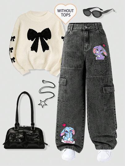 SHEIN ChillGRL Tween Girls' One-Piece Denim Pants With Pockets & Rabbit Print, Vintage Streetwear Casual Trousers, Relaxed Fit, Comfortable Elastic Waist, Suitable For Daily, Vacation, School, Hangout