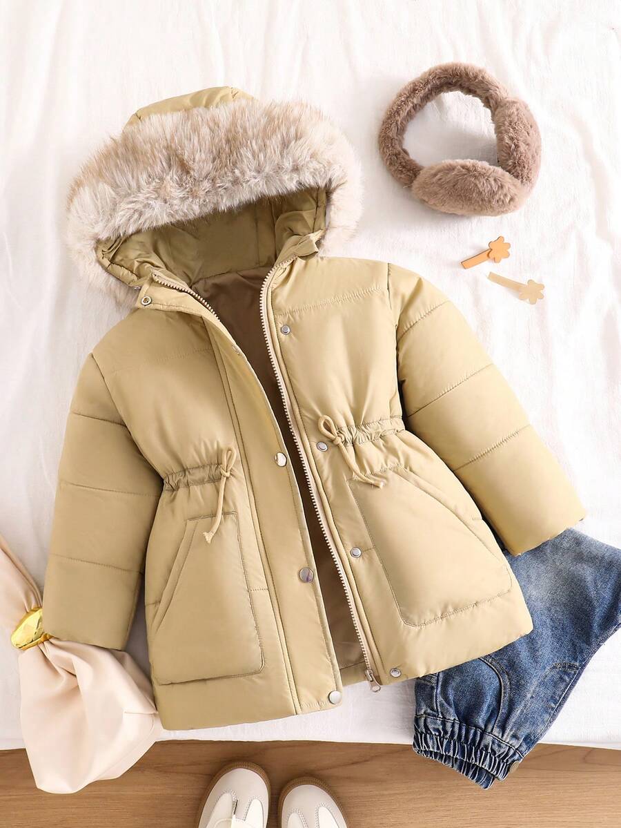 Young Girls Padded Coat, Casual Versatile All-Match Style, Brown Mid-Length Waisted, Winter - Khaki - View 1