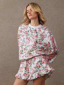 WESTFADE Floral Print High Rise Velvet Striped Sides Ruffle A Line Sweatshort - Multicolor - View 4