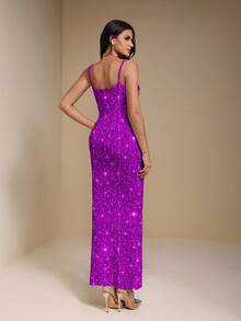 Glamance ORANGE STUDIO 优雅亮片金属光泽紫色女式连衣裙，适合派对和冬季穿着 - 紫色 - 查看 3