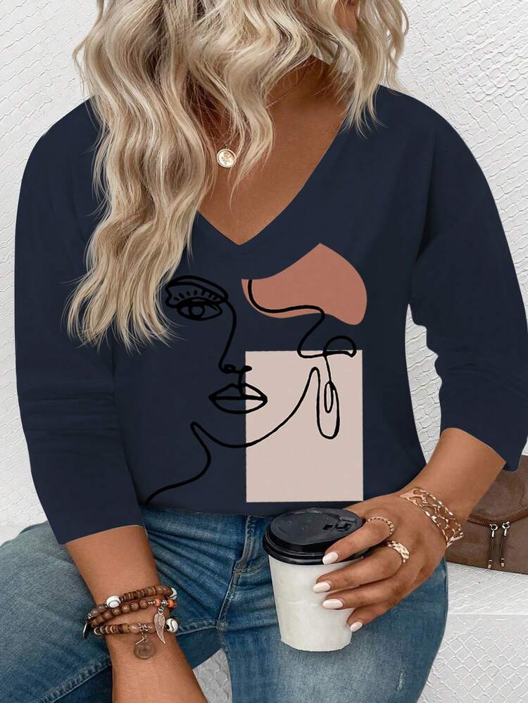 Women's New Arrival Christmas Element Pattern V-Neck Long Sleeve Casual Versatile Plus Size T-Shirt, Autumn/Winter - Navy Blue - View 4