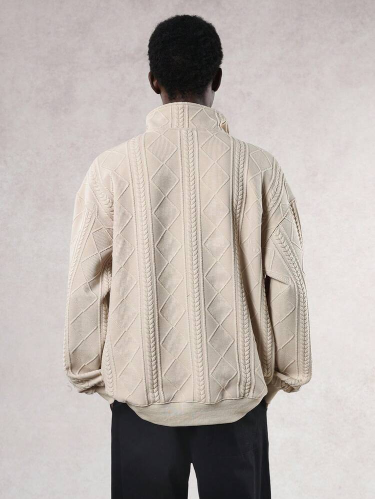 Textured Fabric Pullover Sweatshirt With Half-Zip Design For Men, Beige, Autumn