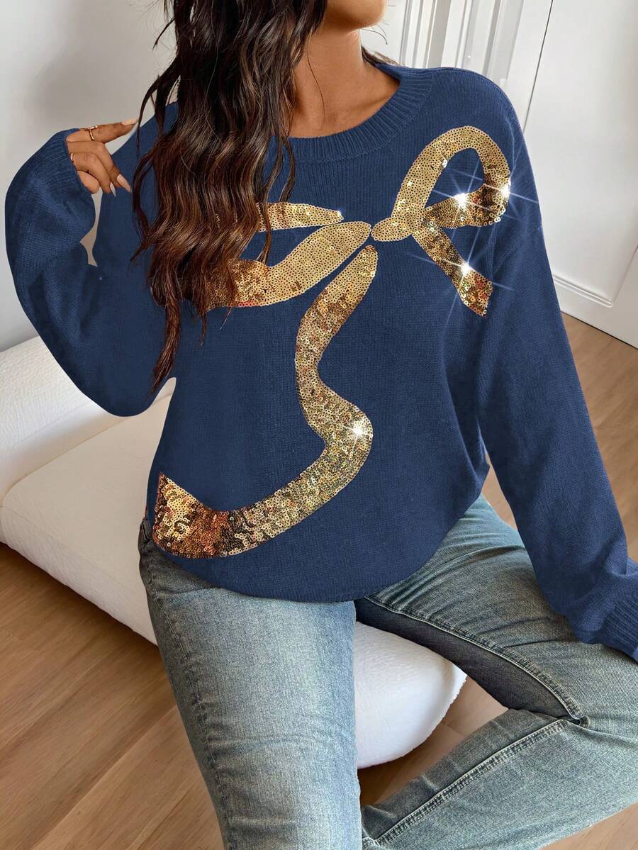 EMERY ROSE Plus Size Casual Sequin Bow Pattern Round Neck Drop Shoulder Sweater, Autumn/Winter - Royal Blue - View 1