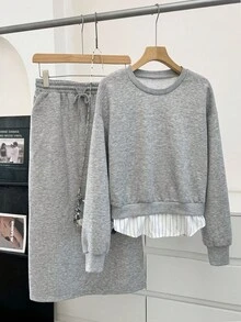 SHEIN LUNE 大码两件套：休闲长袖上衣和宽松半身裙 - 灰色 - 查看 1