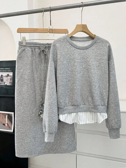 SHEIN LUNE 大码两件套：休闲长袖上衣和宽松半身裙