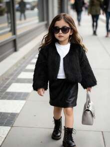 SHEIN Elladie kids 女宝宝简约纯色蓬松短外套，适合外出，秋冬 - 黑色 - 查看 9