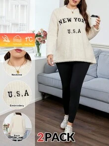 SHEIN LUNE Plus Size Women's Beige 2 Pieces Set Winter Casual School Independence Day Letter Embroidery Fleece Sweatshirt&Black Leggings New York Streetwear - Multicolor - View 10