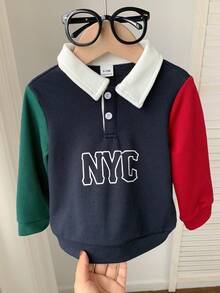 SHEIN 男女宝宝撞色拼接长袖POLO衫，舒适休闲时尚，适合日常穿着，室内、室外、滑雪、运动、派对、拍照、节日、圣诞节、新年、秋冬季等场合。