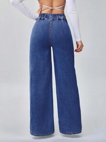 SHEIN PETITE CURVE 大码秋季秋冬装返校节万圣节圣诞节可爱街头装商务休闲女装乡村复古朴素老派商务休闲女装工作服女士教师服装教堂服装女士纯色纽扣门襟休闲百搭阔腿蓝色牛仔裤 - 中等水洗藍 - 查看 2