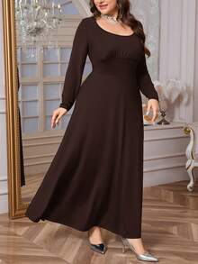 Firerie Damen Große Größen Lässig Elegant Minimalistisch Pendler Alltags Kleid mit quadratischem Kragen, Raffung, Schleife, Langarm, elastisch, A-Linie, Frühling/Herbst, Abendkleider für Damen - Kaffeebraun - Übersicht 4