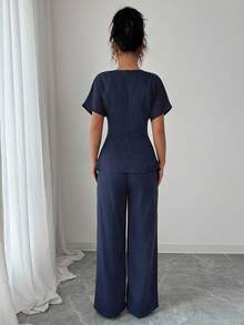 Modelyn Women 2 Pieces Striped Decor Belted Set - Navy Blue - View 2