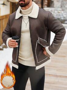 Manfinity CasualCool Men's Thermal Lined Sherpa Jacket,Dark Beige,Winter,80s,Hiking,Contrast Color Fur Collar Zip-Up Long Sleeve Brown Bomber Jacket For Autumn/Winter - Coffee Brown - View 1