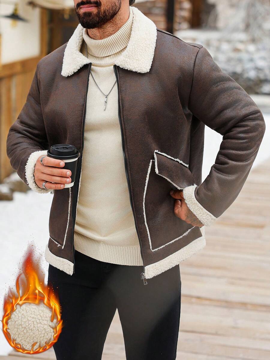 Manfinity CasualCool Men's Thermal Lined Sherpa Jacket,Dark Beige,Winter,80s,Hiking,Contrast Color Fur Collar Zip-Up Long Sleeve Brown Bomber Jacket For Autumn/Winter - Coffee Brown - View 1